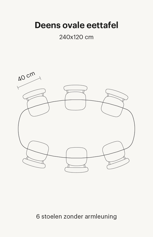 deens-ovale-eettafel-6-personen Zie hier een Deens ovale eettafel van 240x130 cm. Deze eettafel bevat in totaal 6 eetkamerstoelen zonder armleuningen.