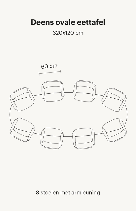 deens-ovale-eettafel-8-personen Zie hier een Deens ovale eettafel van 320x130 cm. Deze eettafel bevat in totaal 8 eetkamerstoelen met armleuningen.