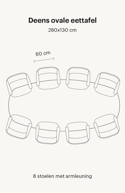 deens-ovale-eettafel-8-personen Zie hier een Deens ovale eettafel van 280x130 cm. Deze eettafel bevat in totaal 8 eetkamerstoelen met armleuningen.