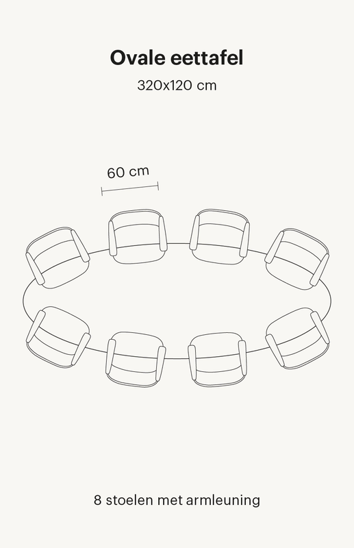 ovale-eettafel-8-personen Zie hier een ovale eettafel van 320x130 cm. Deze eettafel bevat in totaal 8 eetkamerstoelen met armleuningen.