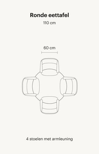 Ronde-eettafel-110cm-met-stoelen-met-armleuning Zie hier een ronde eettafel van 110 cm. Deze eettafel bevat in totaal 4 eetkamerstoelen met armleuningen.